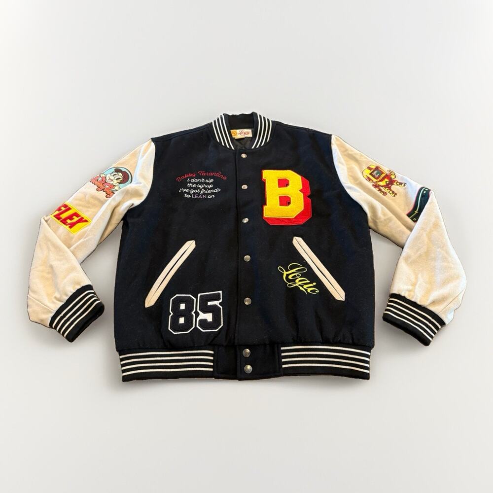 Logic Mens Black Cream Bobby Tarantino Varsity Letterman Snap On Jacket Size M